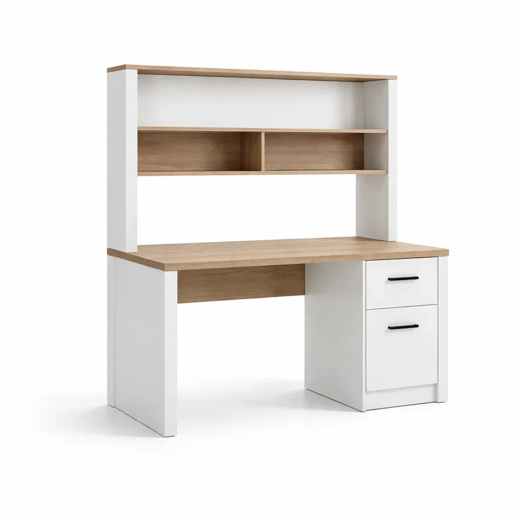 Schreibtisch aus MDF mit Regalaufsatz Weiß/Eiche