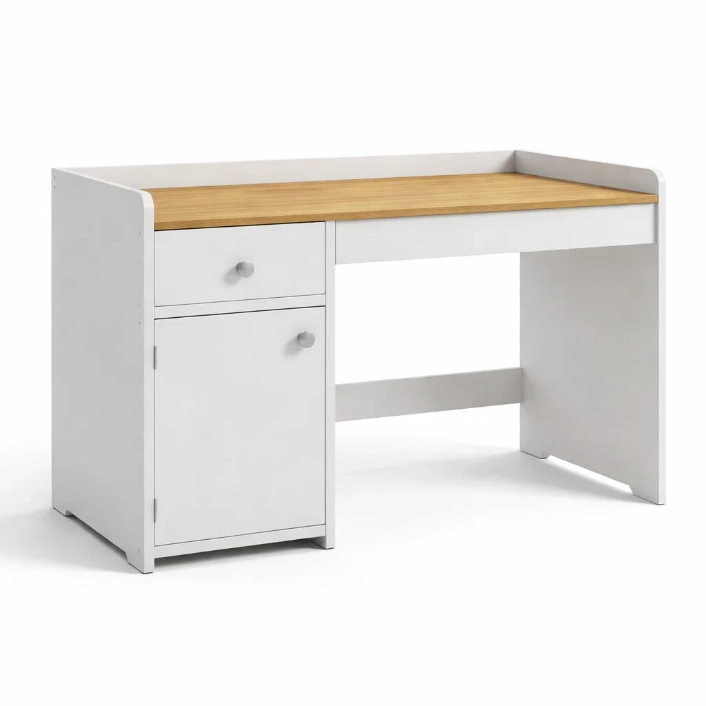 Holzschreibtisch mit Schublade und Schrank Weiß/Bambus