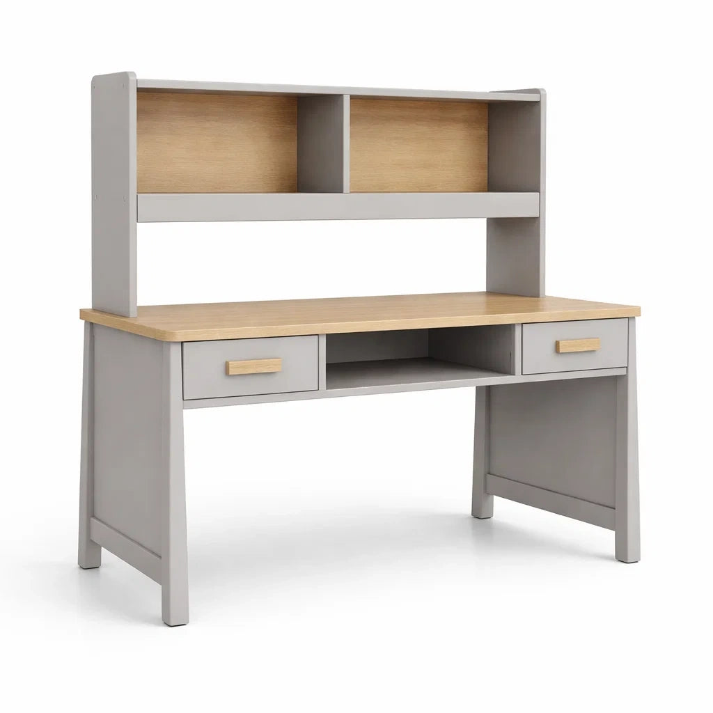 Grau-Schreibtisch mit Regalaufsatz und Holzplatte