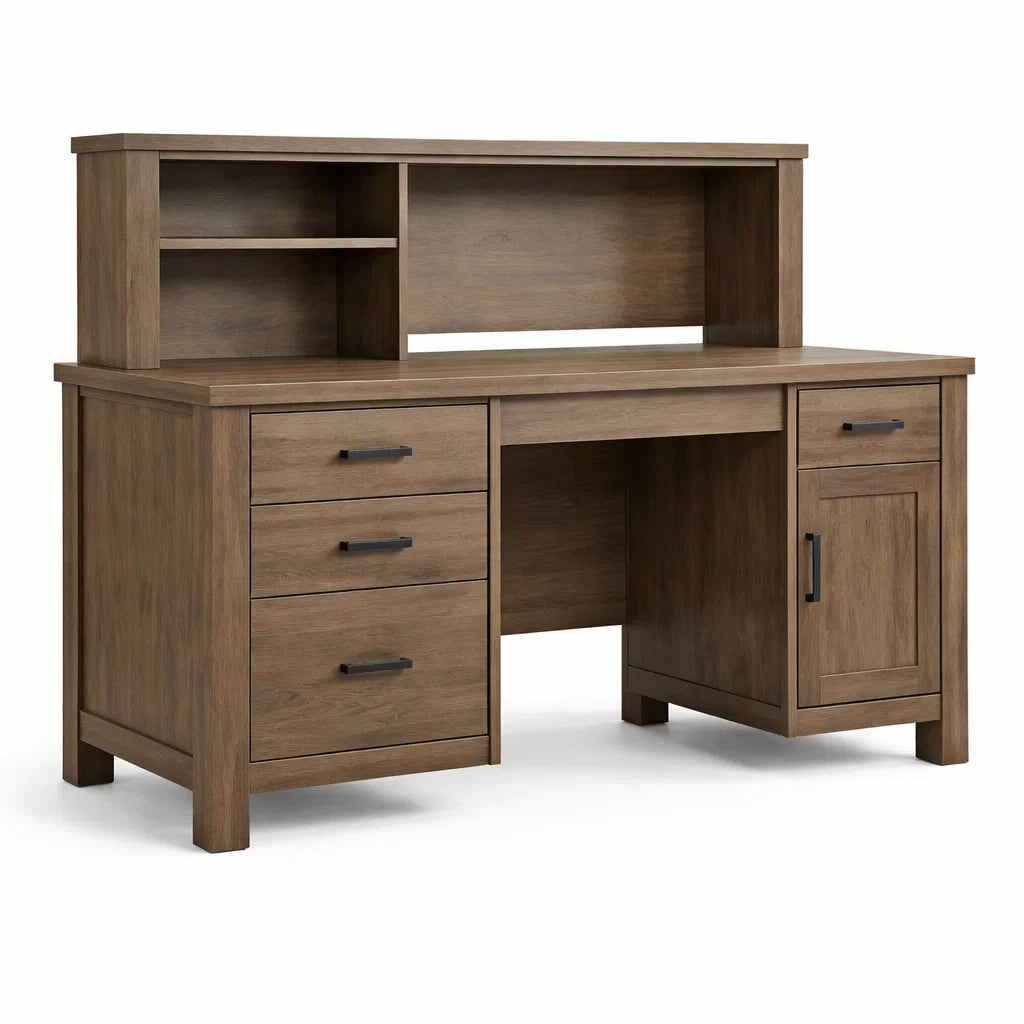 Schreibtisch aus Holz mit Aufsatz und Schubladen 140cm Braun