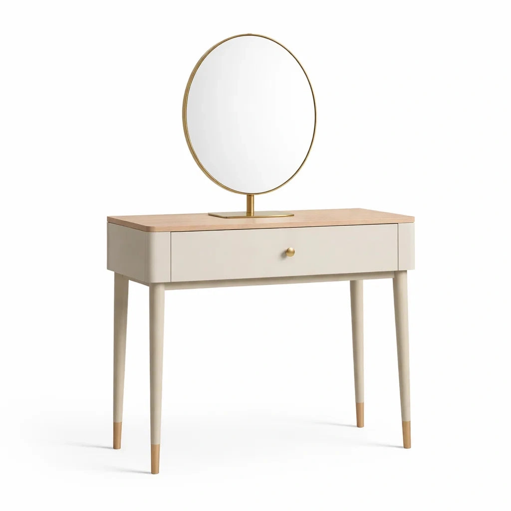 Schminktisch mit rundem Spiegel Holzwerkstoff und Massivholz Beige
