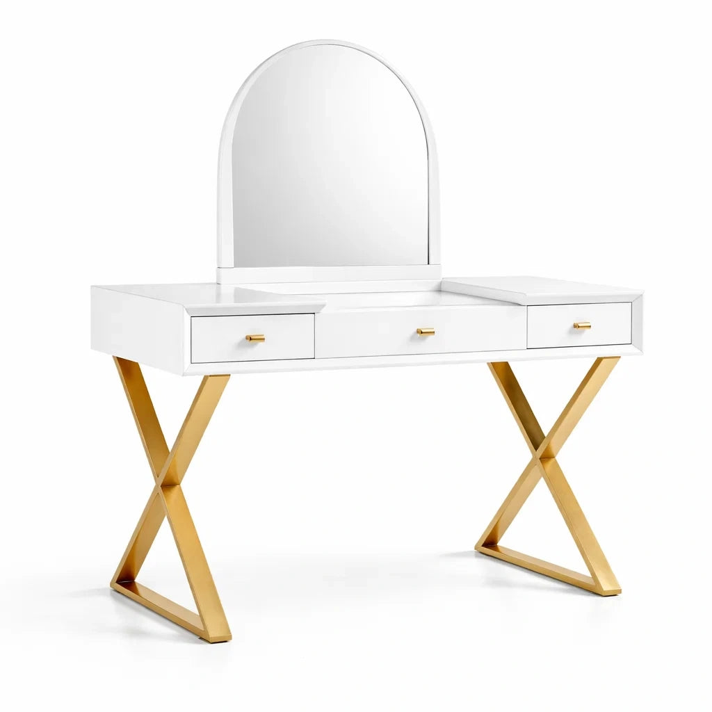 Schminktisch mit Spiegel aus MDF und Edelstahl Weiß Gold 120x40x75 cm