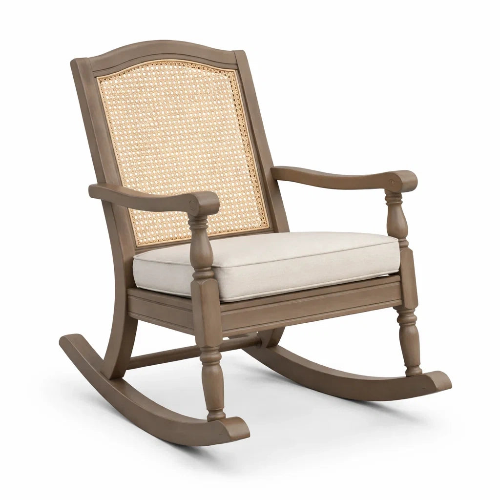 Holz Schaukelstuhl mit Rattan und Kissen Braun