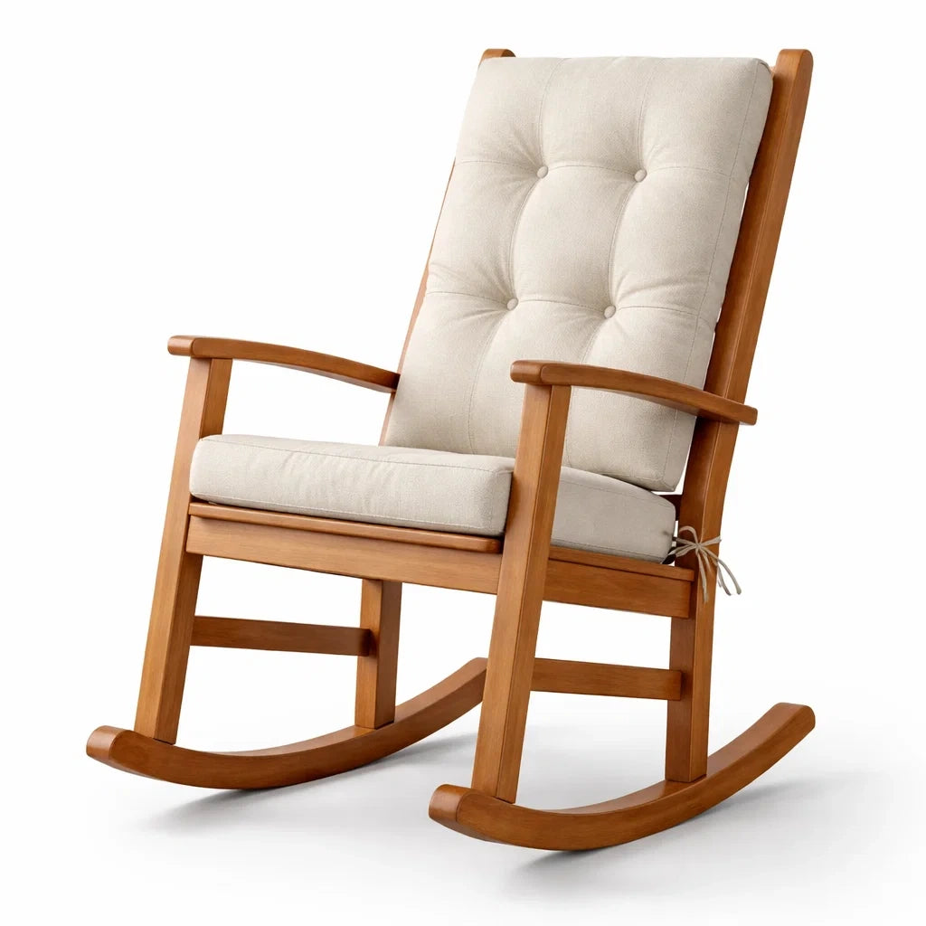 Schaukelstuhl aus Teakholz mit Leinengewebe Beige