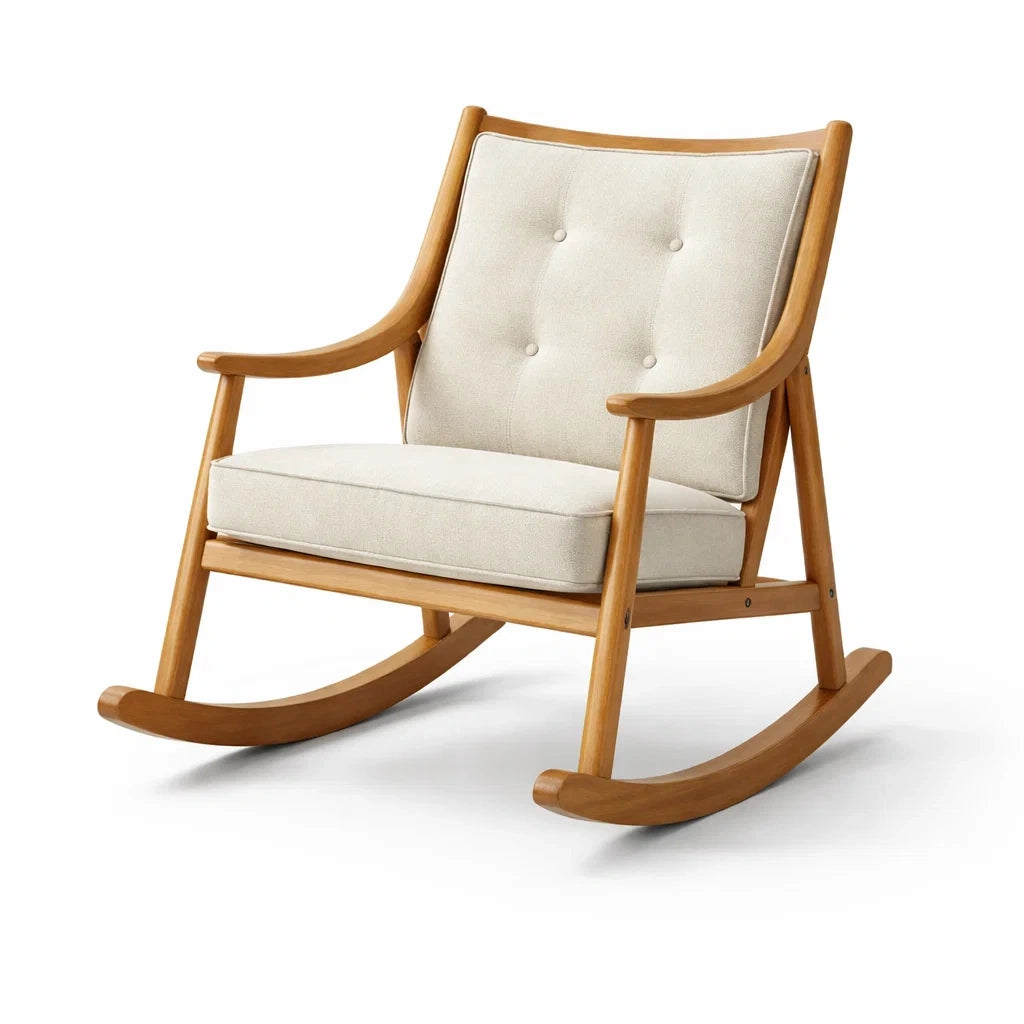Holz-Schaukelstuhl mit Baumwoll-Leinen-Polsterung Beige