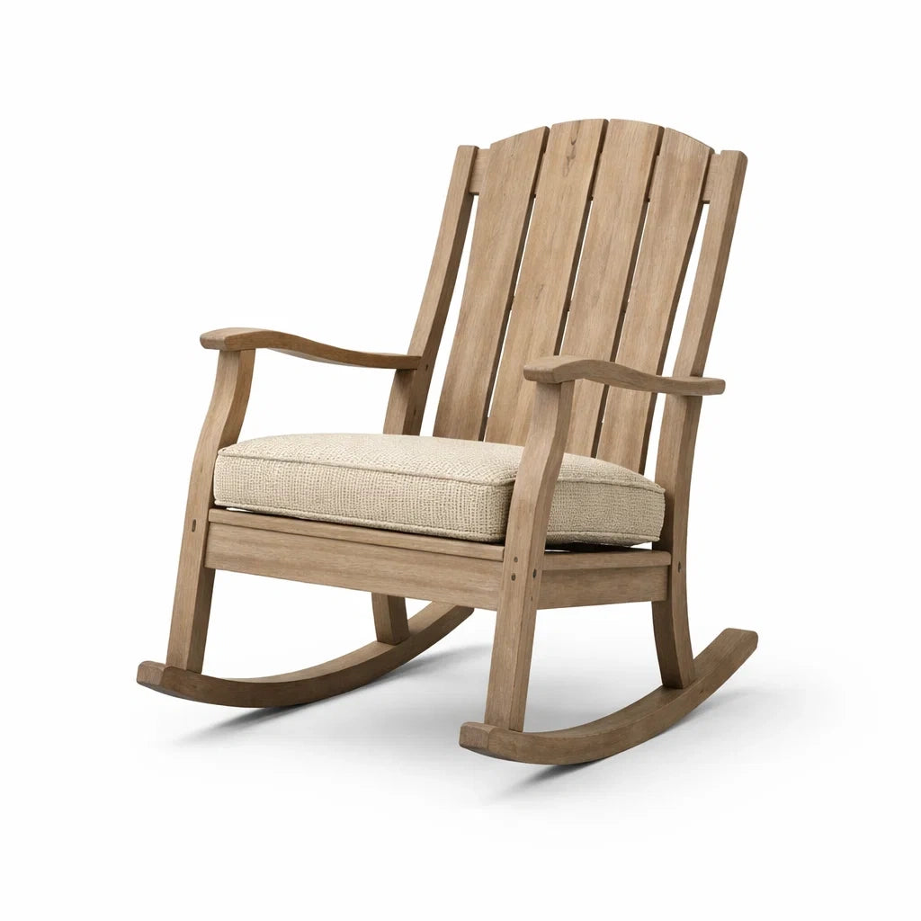 Holz-Schaukelstuhl mit Leinenpolster Beige