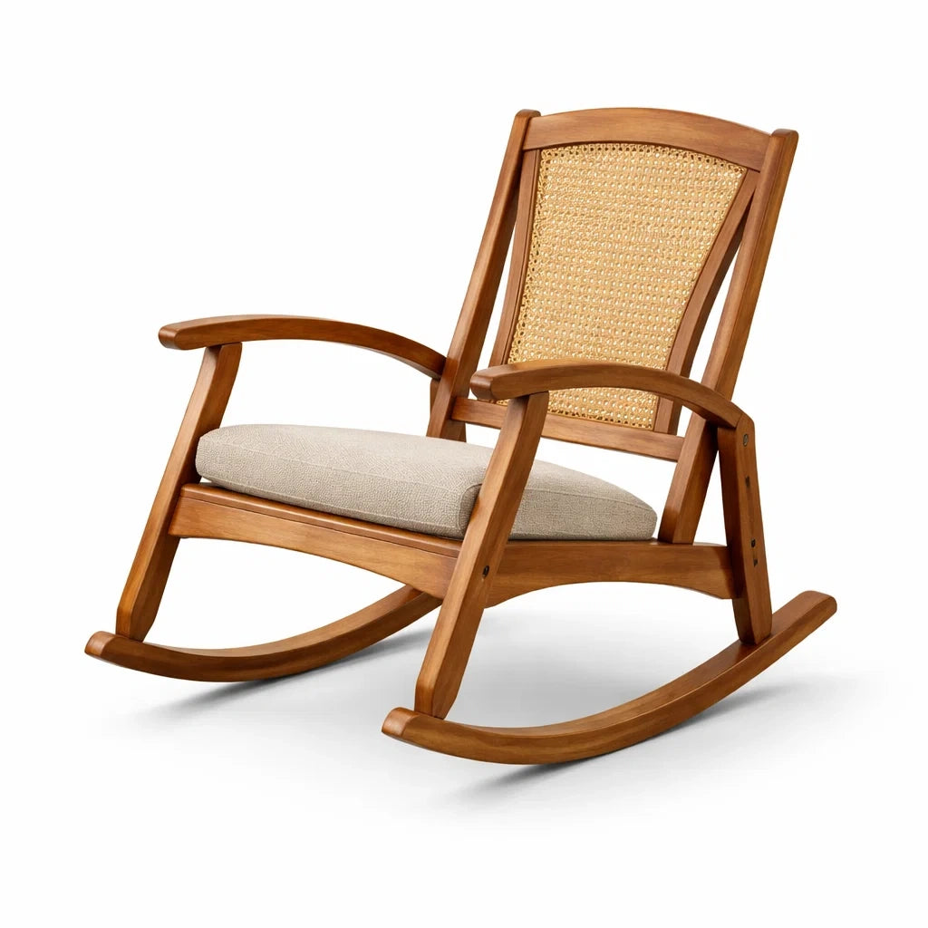 Schaukelstuhl aus Holz mit Rattangeflecht und Leinenkissen Braun Beige
