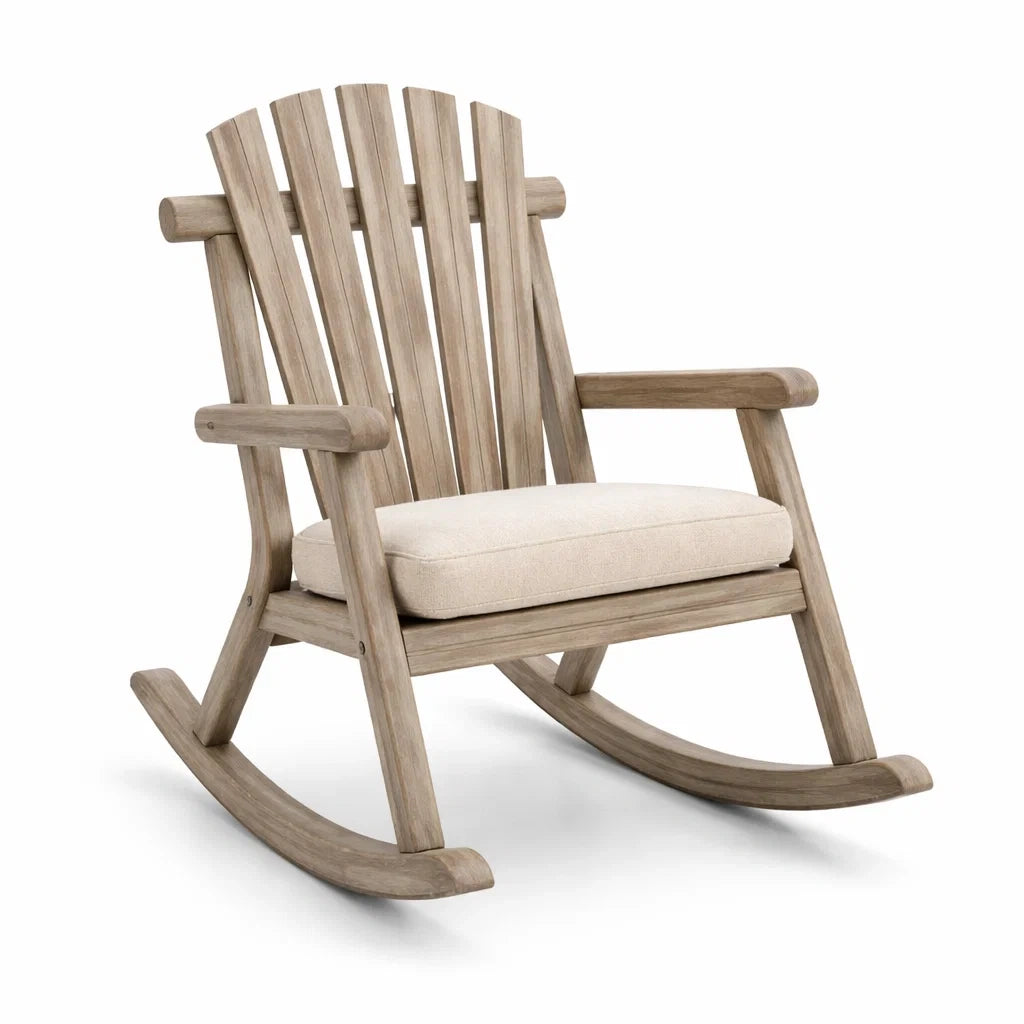 Massivholz-Schaukelstuhl mit Leinenkissen Beige