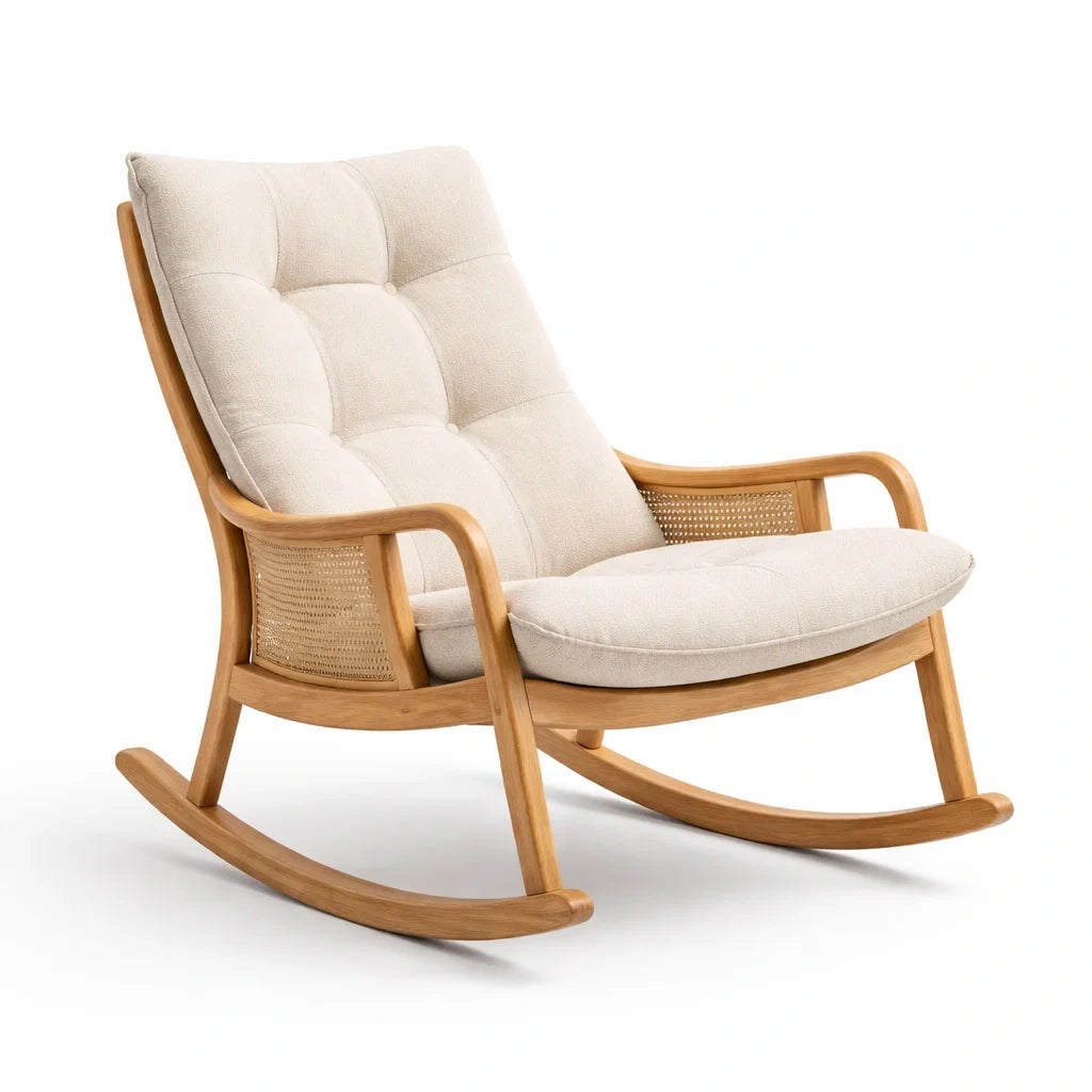 Holz-Schaukelstuhl mit Leinenpolsterung Beige
