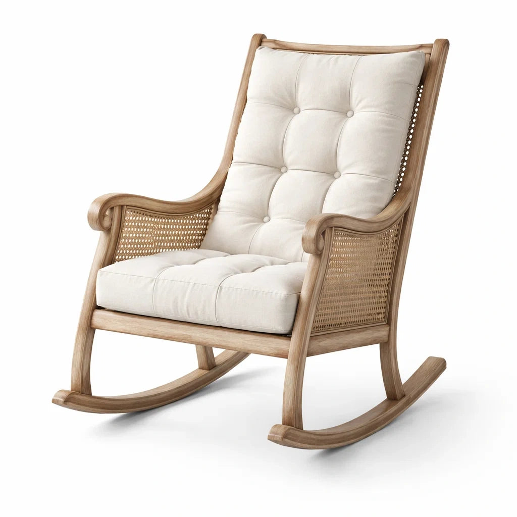 Massivholz-Schaukelstuhl mit Baumwollmischung-Kissen Beige