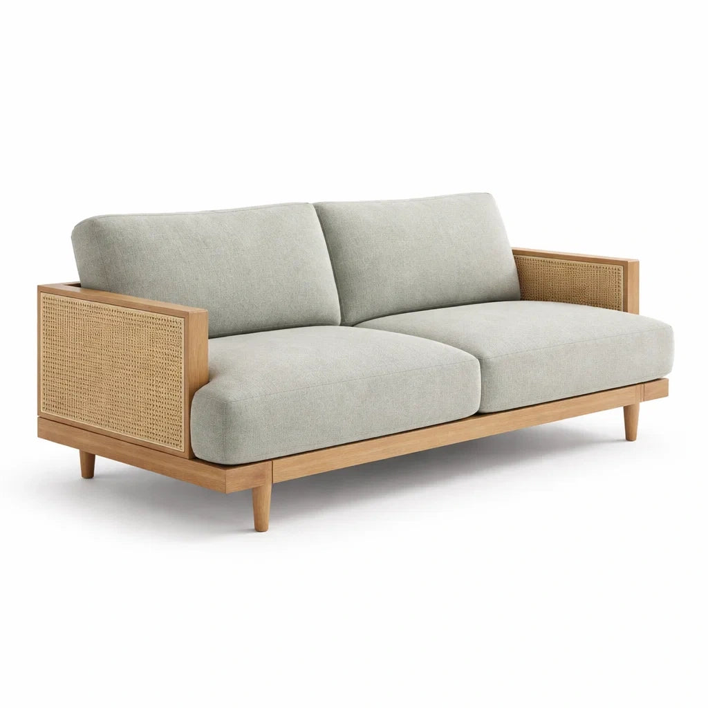 Zweisitzer Sofa Eichenholz Stoff Rattan Hellgrau 200cm