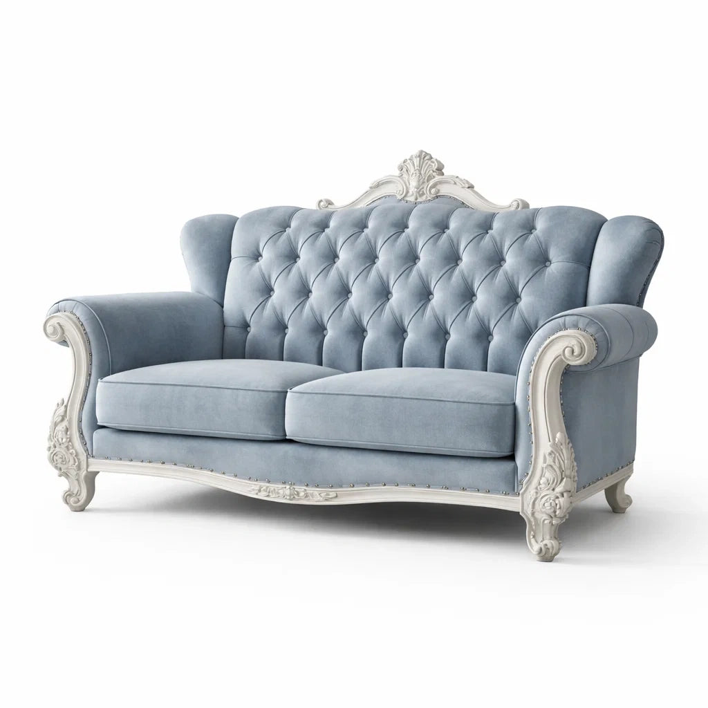 Blaues Samt Zweisitzer-Sofa mit Massivholzrahmen