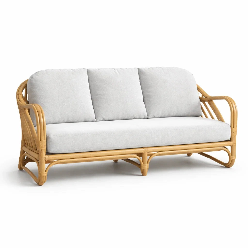 Rattan-Sofa mit Baumwollbezug für 3 Personen, Beige