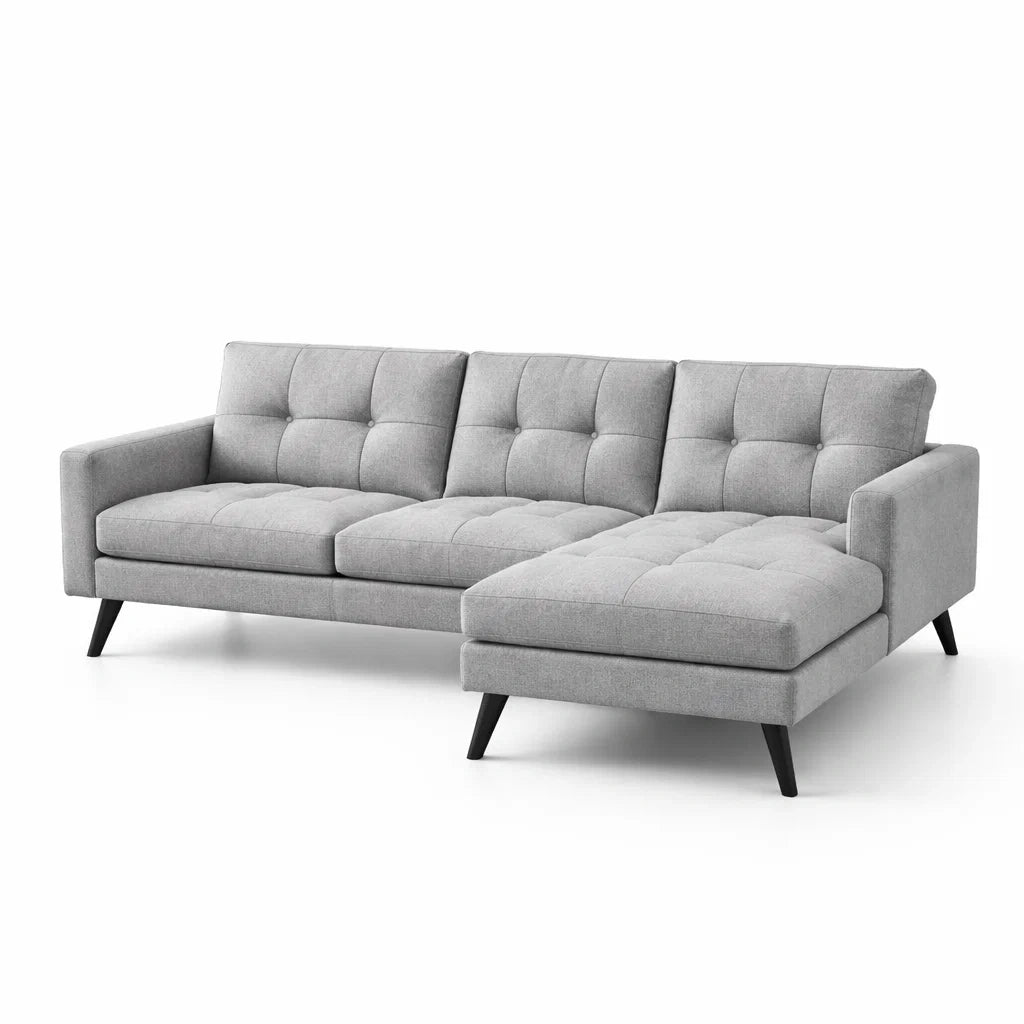 Ecksofa mit Ottomane aus Holz und Stoff in Hellgrau